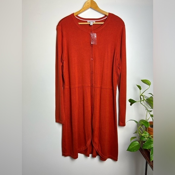 Isaac Mizrahi live red-Orange Button Down Long Sleeve Mid dress Sz L - Picture 1 of 9
